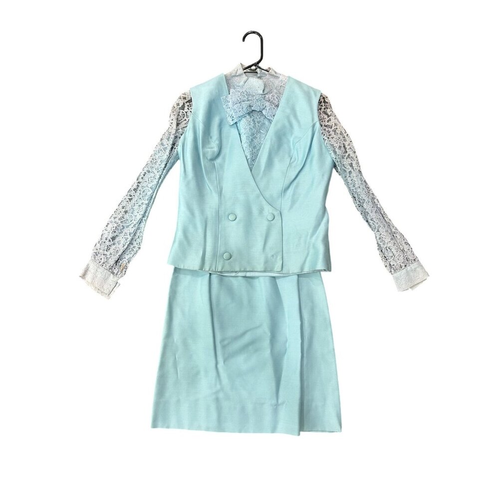 Vintage Jr. Theme Powder Blue Lace Sleeve Suit Bow Size 11 Retro Style Set